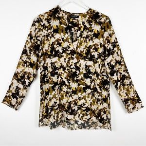 Lafayette 148 Brown Floral Print V Neck Silk Long Sleeve Blouse Top
